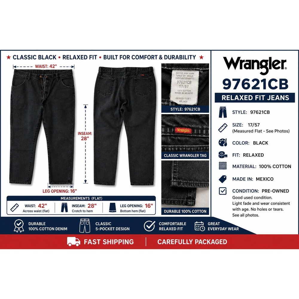Vintage Wrangler Rugged Wear Black Denim Jeans Relaxed Tapered 67621CB 42x30